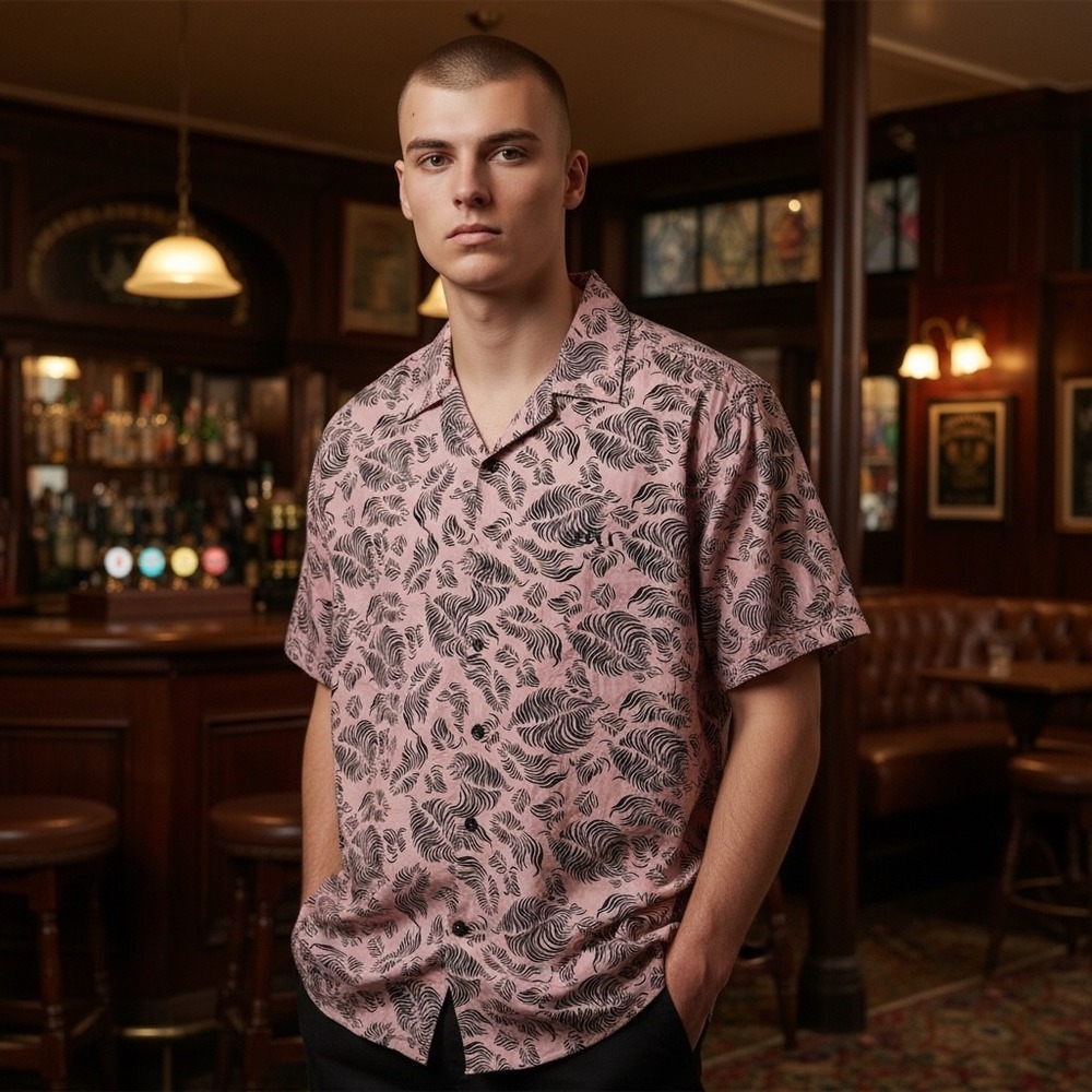 The Kooples Mens Pink Black Abstract Print Short Sleeve Fitted Shirt S HCC1003